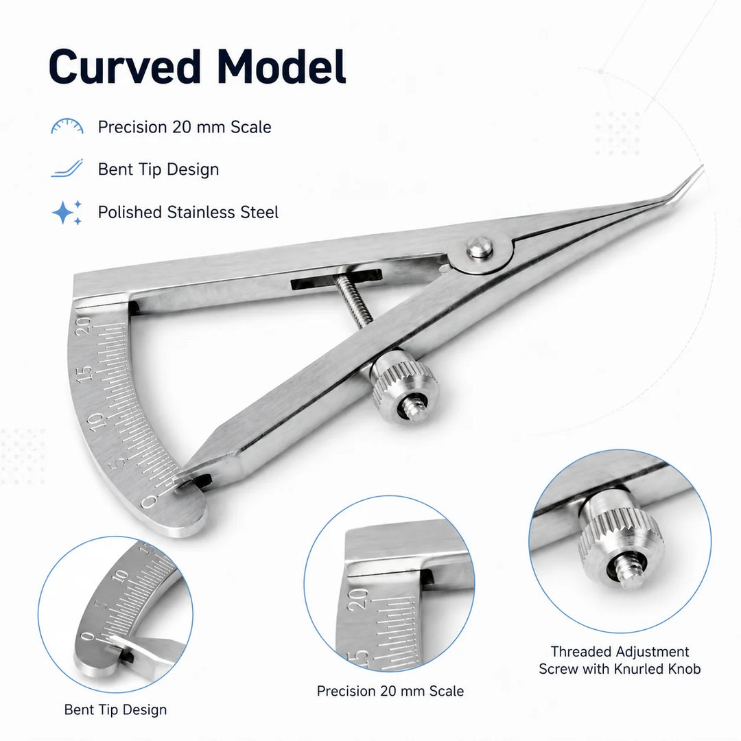 Organica Plus Instruments 20mm Castroviejo Dental Caliper – Straight &amp; Curved Stainless Steel Measuring Instrument for Dental Implant &amp; Laboratory Use