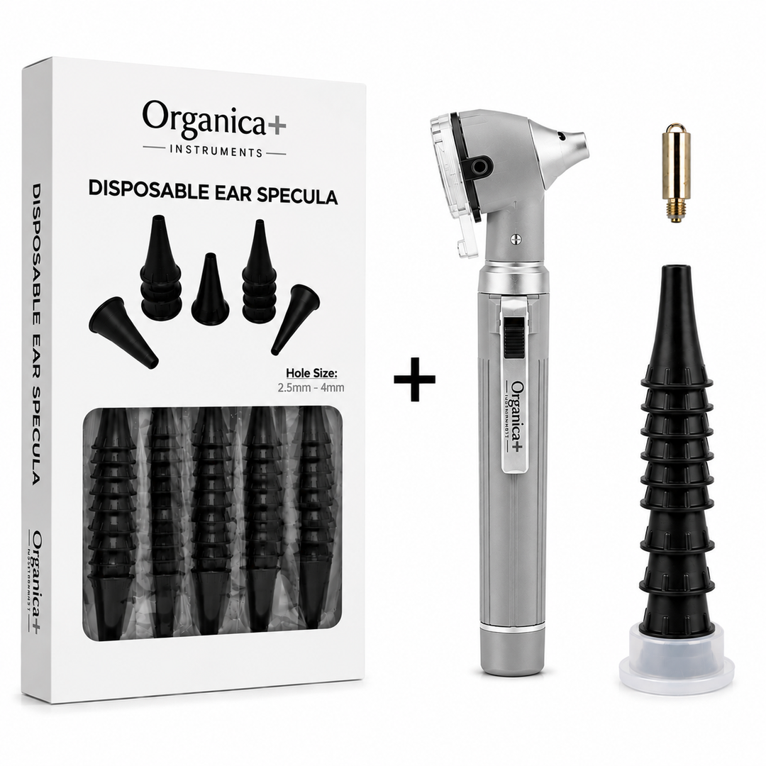 OPI Mini Fibre-Optic Otoscope with 300 Disposable Specula – Professional Ear Examination Bundle with Multiple Colour Options
