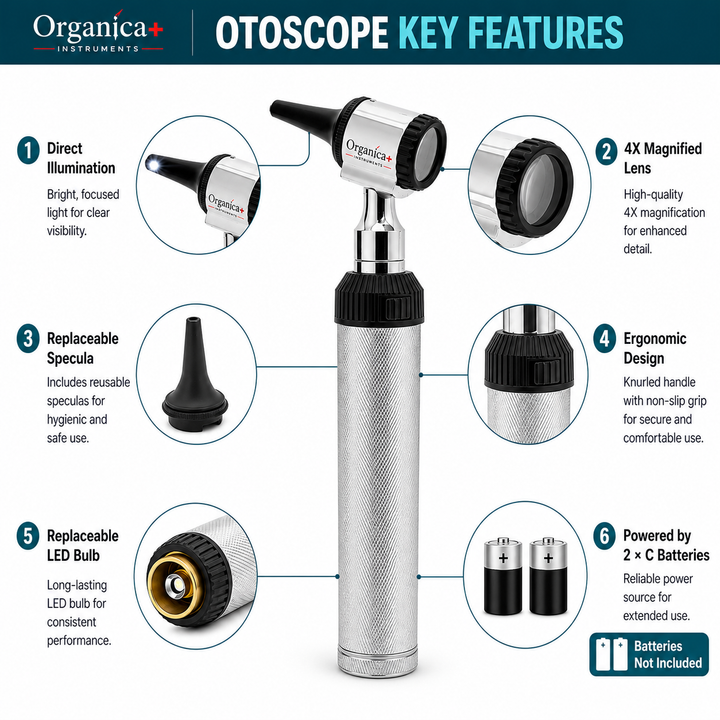 OPI LED Otoscope Auriscope with 4× Magnification – Professional ENT Instrument for Ear and External Auditory Canal Examination