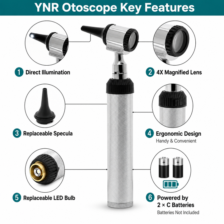 YNR LED Otoscope Auriscope with 4× Magnification – Professional ENT Instrument for Ear and External Auditory Canal Examination