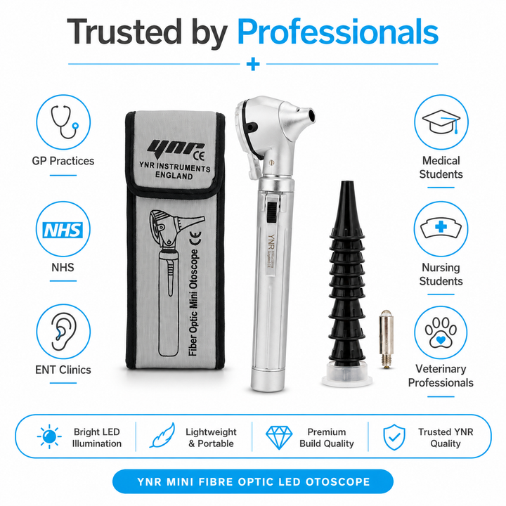 OPI Mini Fibre-Optic LED Pocket Otoscope – Professional ENT Instrument for Ear and External Auditory Canal Examination with Colour Options