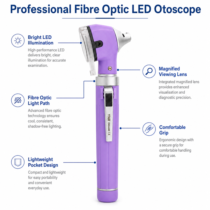 OPI Mini Fibre-Optic LED Pocket Otoscope – Professional ENT Instrument for Ear and External Auditory Canal Examination with Colour Options
