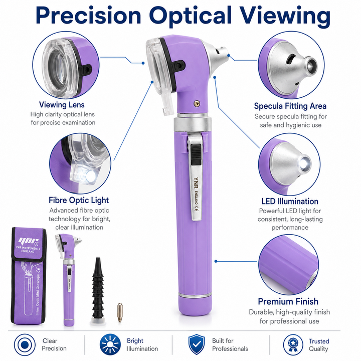 OPI Mini Fibre-Optic LED Pocket Otoscope – Professional ENT Instrument for Ear and External Auditory Canal Examination with Colour Options