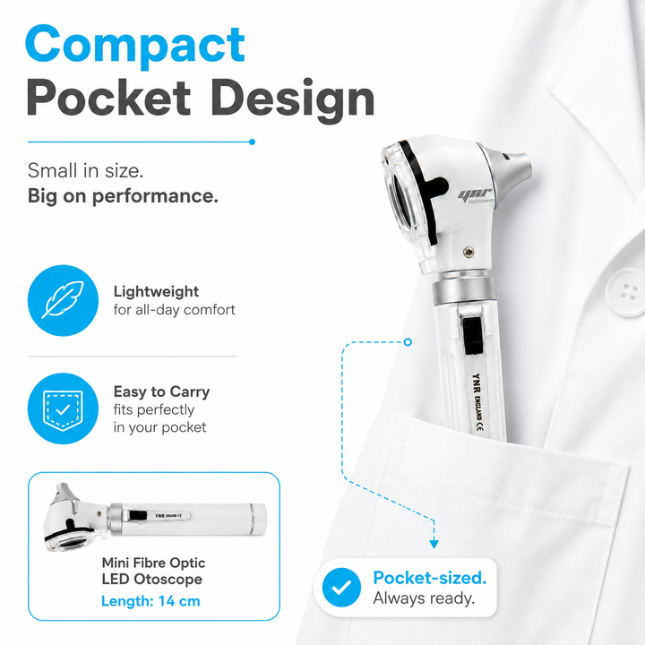 OPI Mini Fibre-Optic LED Pocket Otoscope – Professional ENT Instrument for Ear and External Auditory Canal Examination with Colour Options