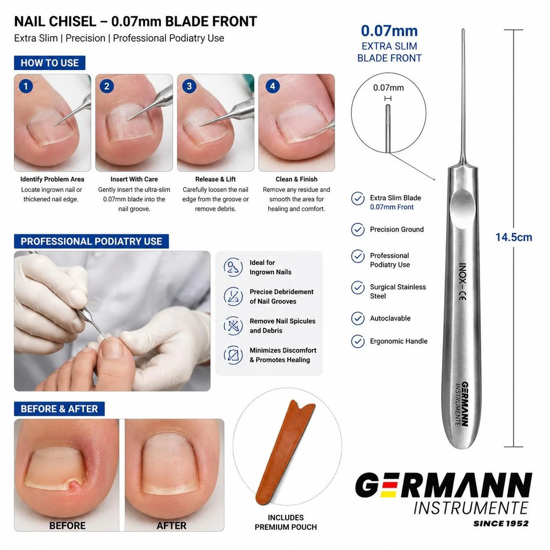 Organica Plus Toenail Cleaner and Nail Chisel with 0.07 mm Tip – Professional Podiatry and Pedicure Tool for Nail Cleaning and Cuticle Care