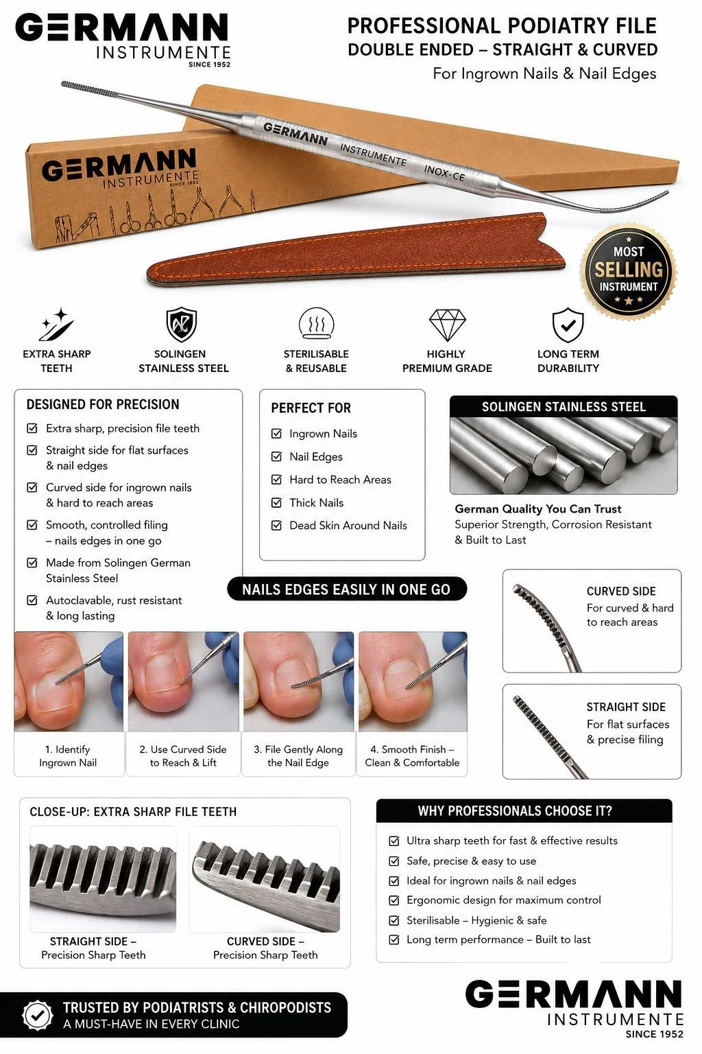 Organica Plus Straight and Curved Toenail Cleaner and File with Pouch – Stainless-Steel Nail-Care Tool