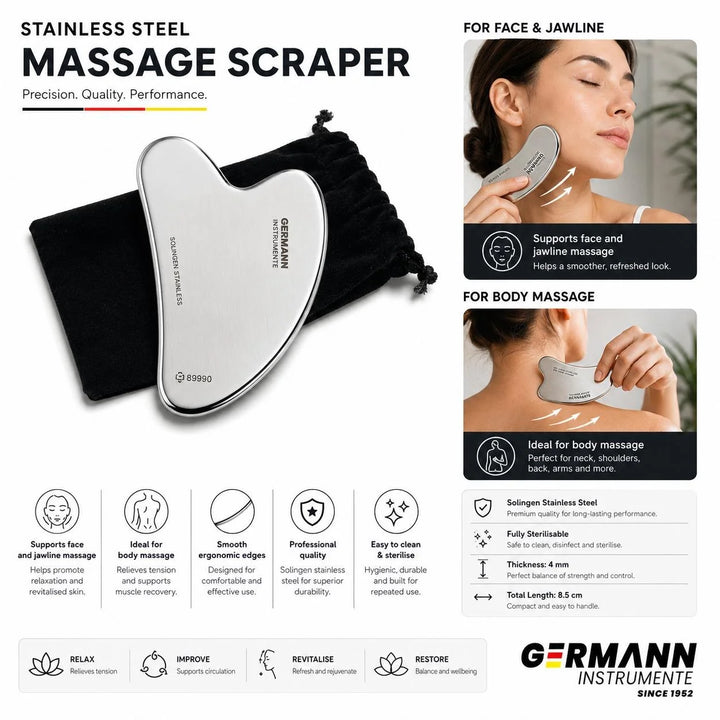 Germann Instrumente Stainless-Steel Gua Sha Facial Massage Tool – Professional Beauty Tool for Face, Jawline and Neck Massage Routines