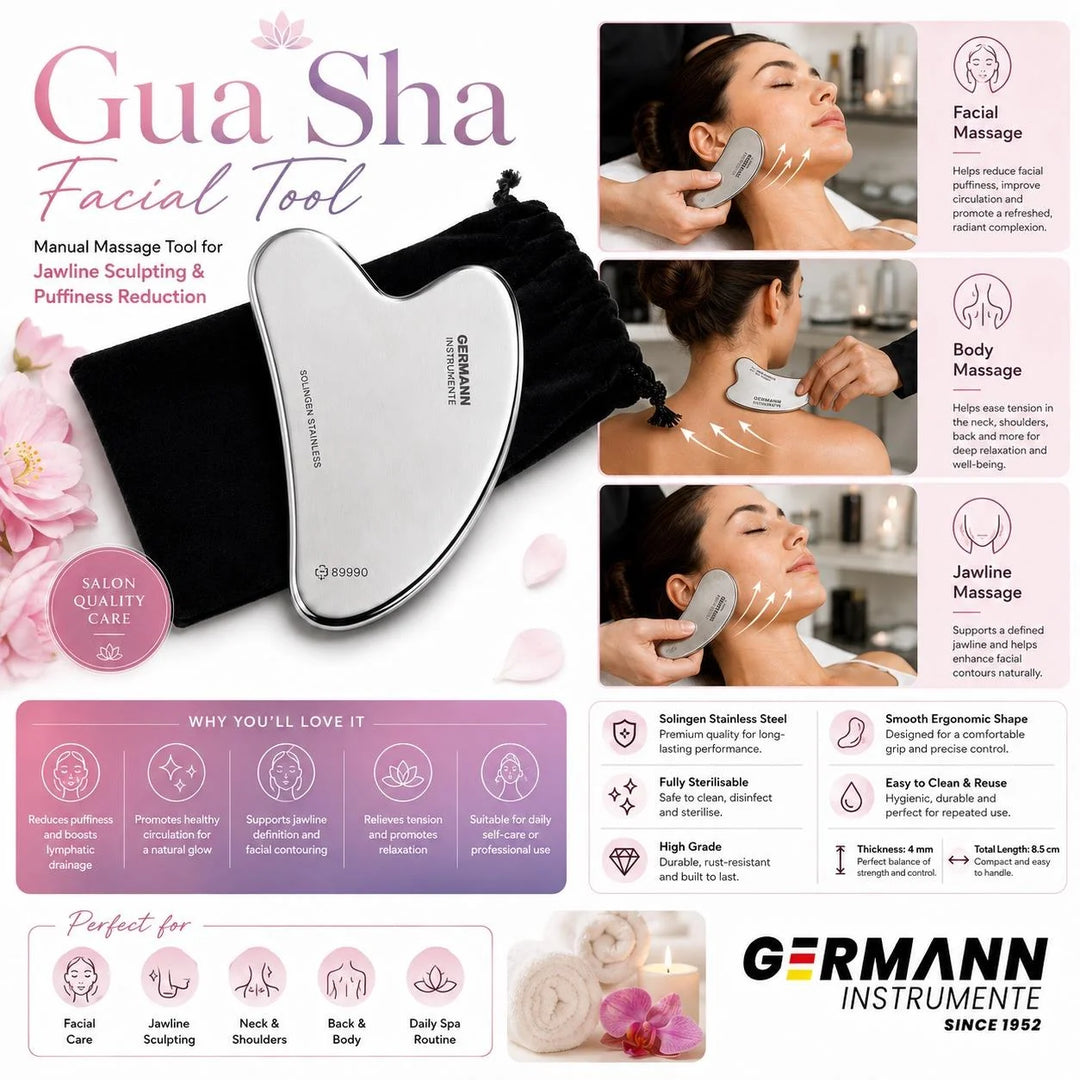 Germann Instrumente Stainless-Steel Gua Sha Facial Massage Tool – Professional Beauty Tool for Face, Jawline and Neck Massage Routines