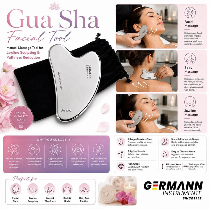 Germann Instrumente Stainless-Steel Gua Sha Facial Massage Tool – Professional Beauty Tool for Face, Jawline and Neck Massage Routines