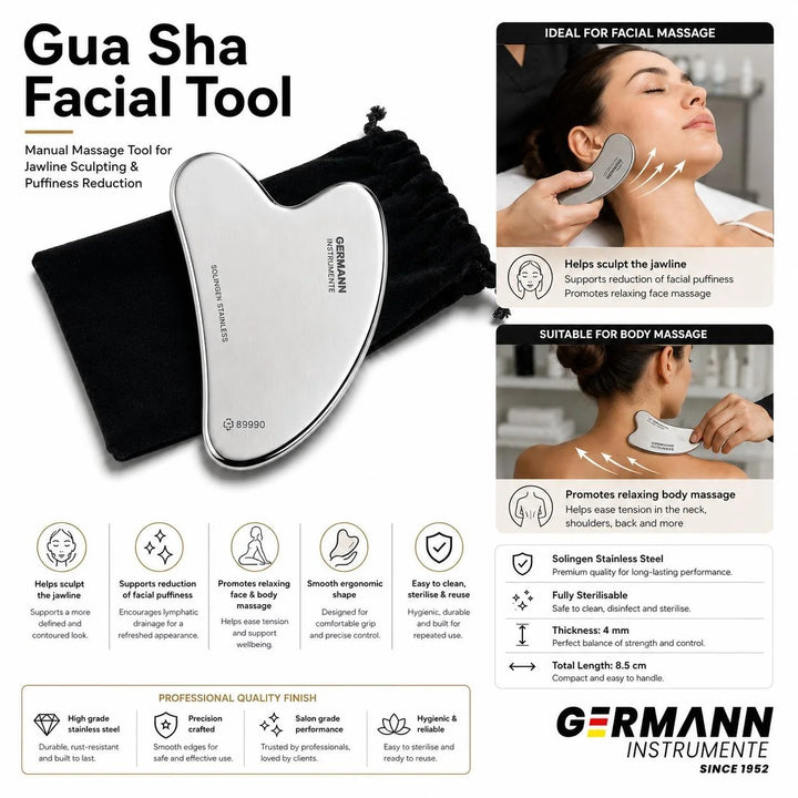 Germann Instrumente Stainless-Steel Gua Sha Facial Massage Tool – Professional Beauty Tool for Face, Jawline and Neck Massage Routines