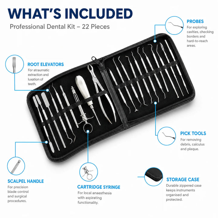 Organica Plus Instruments 20-Piece Stainless-Steel Dental Extraction and Examination Kit – Professional Instrument Set for Trained Clinical Workflows