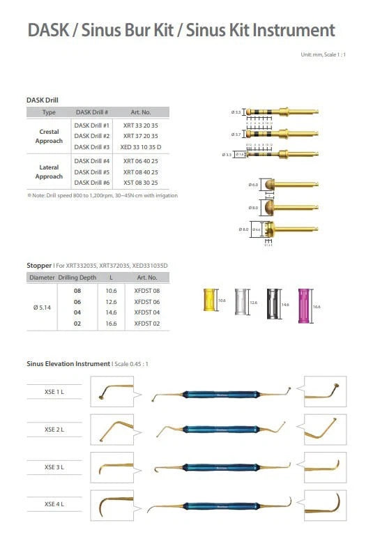DASK Dental Sinus Lift Kit Lateral Crestal Drills Stoppers Elevation Instruments